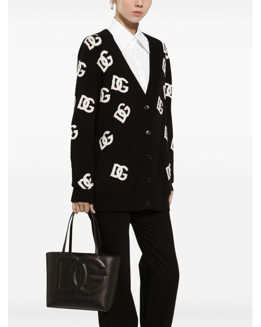 Dolce & Gabbana Black Jacquard Logo Virgin Wool V-Neck Cardigan