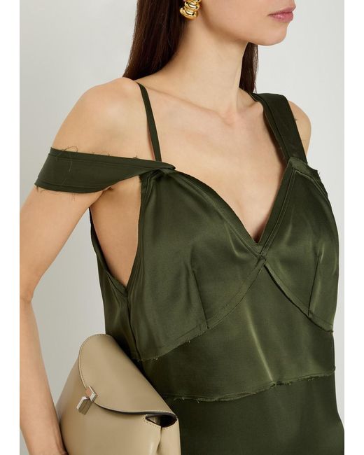 Totême Green V-Neck Satin Midi Slip Dress