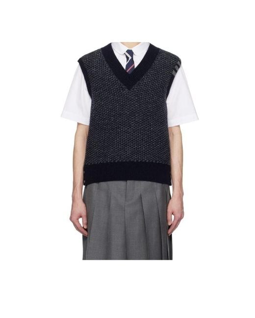 Thom Browne Blue 4-Bar Textured-Knit Vest for men