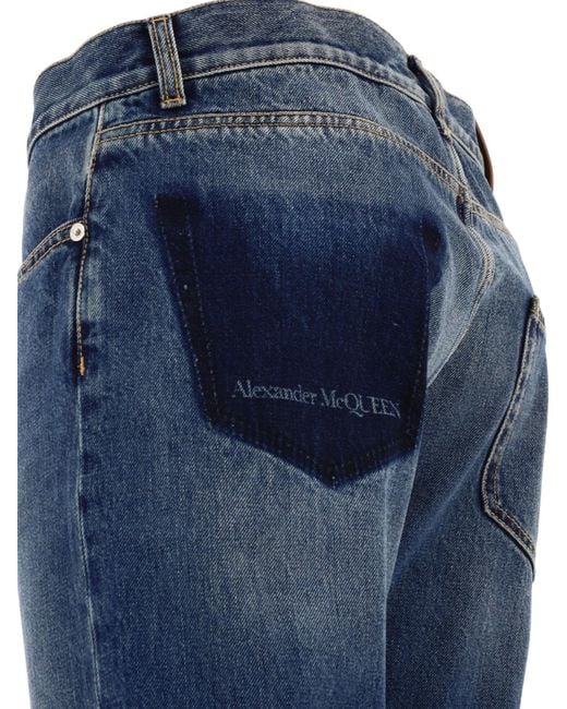McQueen Blue Logo Detailed Straight-Leg Jeans for men