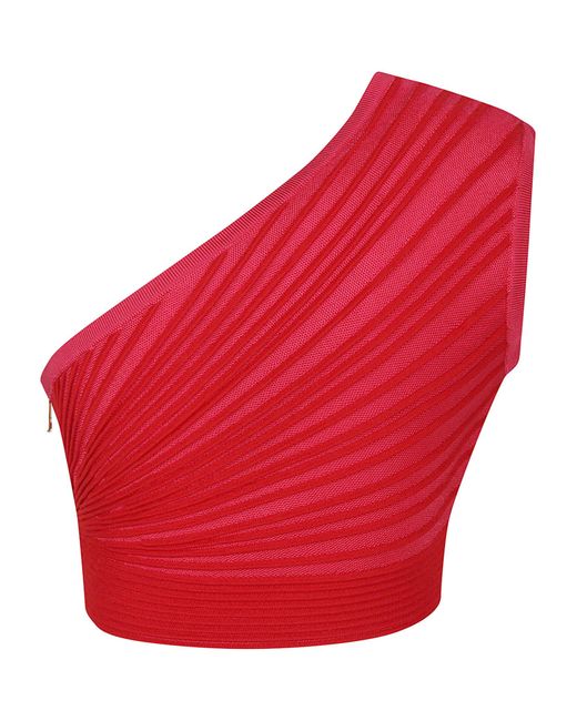 Balmain Red One Shoulder Cropped Knit Top
