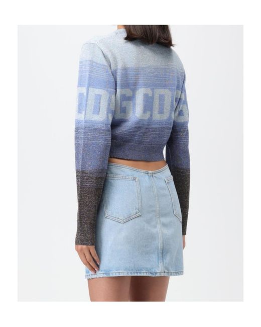 Gcds Blue Intarsia-Knit Logo Cropped Jumper