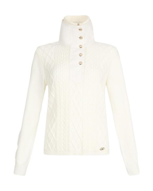Liu Jo White Half-Fastening Balloon-Sleeve Sweater