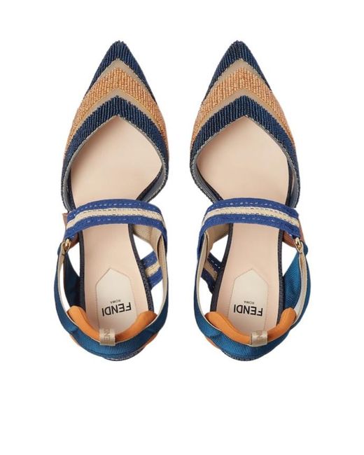 Fendi Blue And Copper Mesh And Beaded High-Heeled Slingbacks