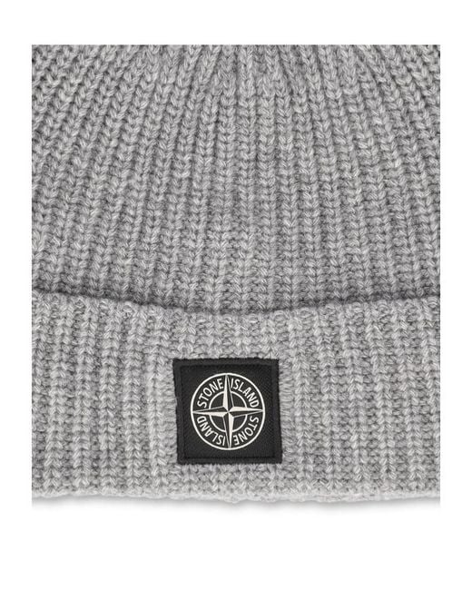 Stone Island Gray Ribbed-Knit Logo Beanie for men