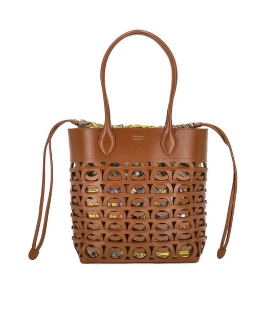 Ferragamo Brown Ferragamo Gancini Drawstring Medium Tote Bag