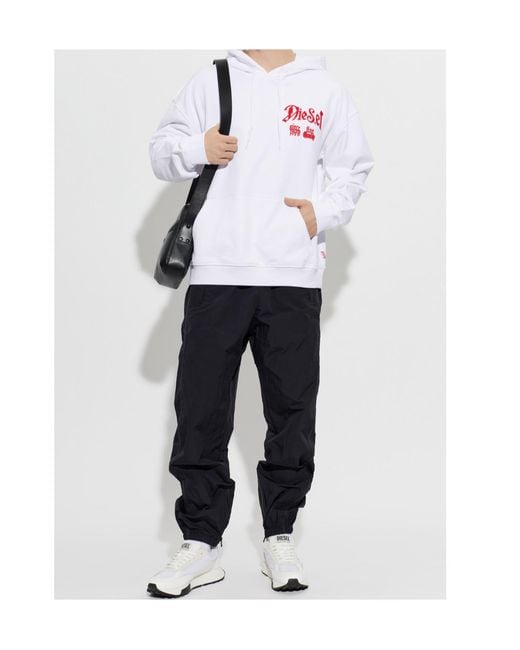 DIESEL White Cotton Hoodie With Flocked Graphics for men