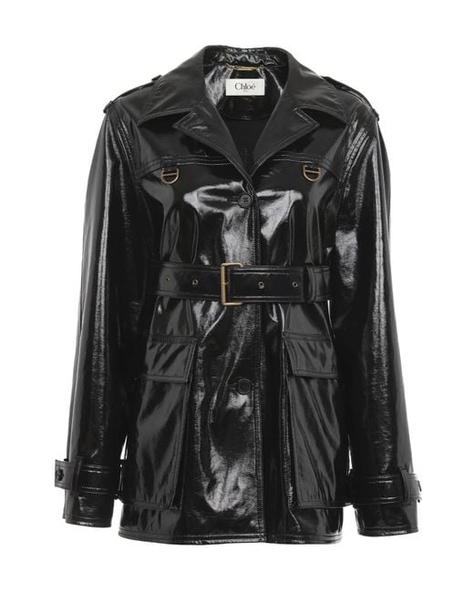 Chloé Black Chloé Belted Shiny Coated Jacket
