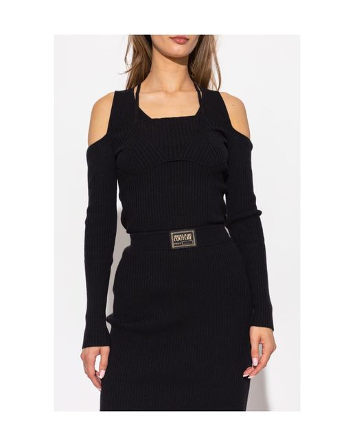 Versace Jeans Blue Couture Open-Shoulder Knitted Jumper