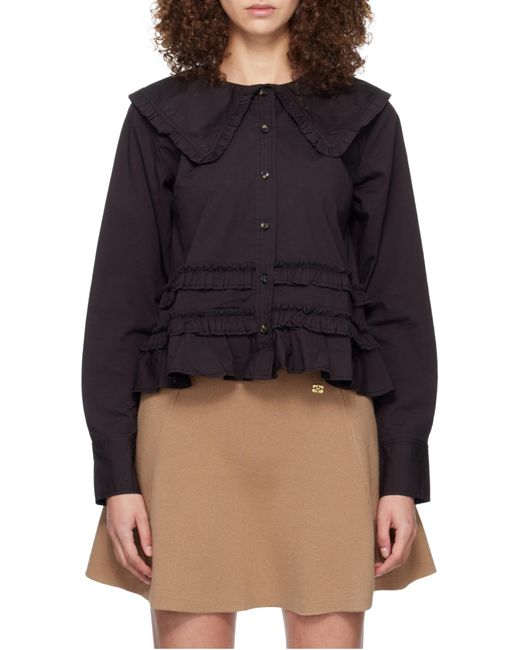 Ganni Black Long-Sleeved Ruffled Shirt