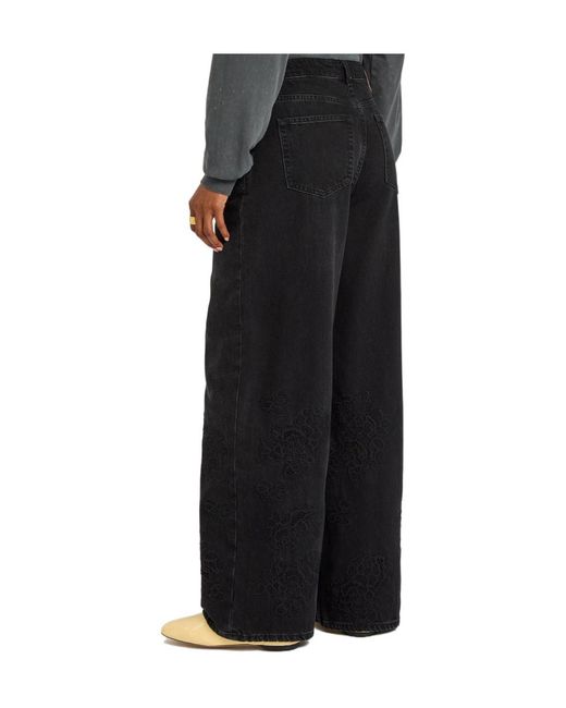 Ganni Black Floral-Embroidered Wide-Leg Jeans