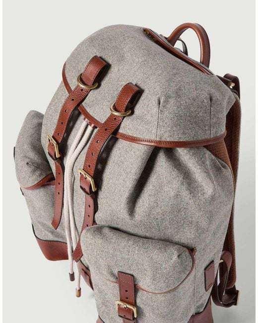 Brunello Cucinelli Brown Virgin Wool, Alpaca And Cashmere Flannel Field Backpack With Grained Calfskin Inserts for men