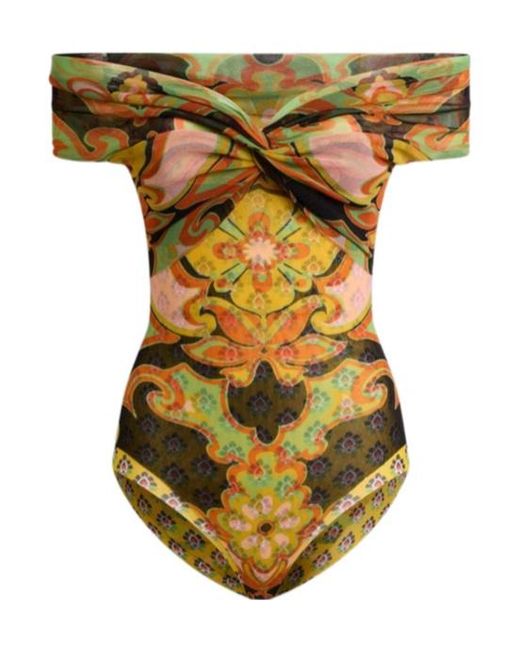 Etro Yellow Tulle Bodysuit With Open Shoulders And Placed Floral Print