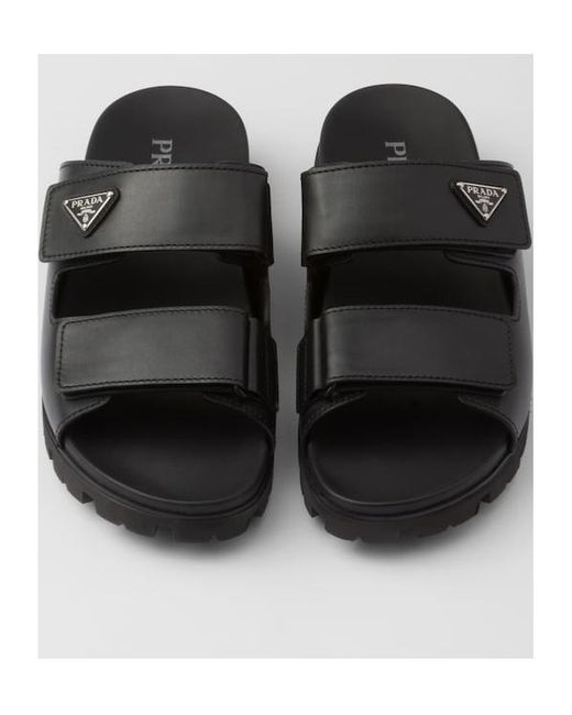 Prada Black Leather Strap Slides for men