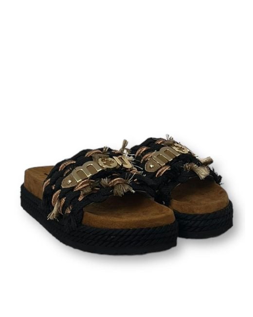 Mou Black Monoband Rope Fringed Sandals