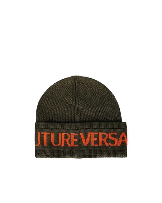 Versace Jeans Green Couture Logo Knit Hat for men