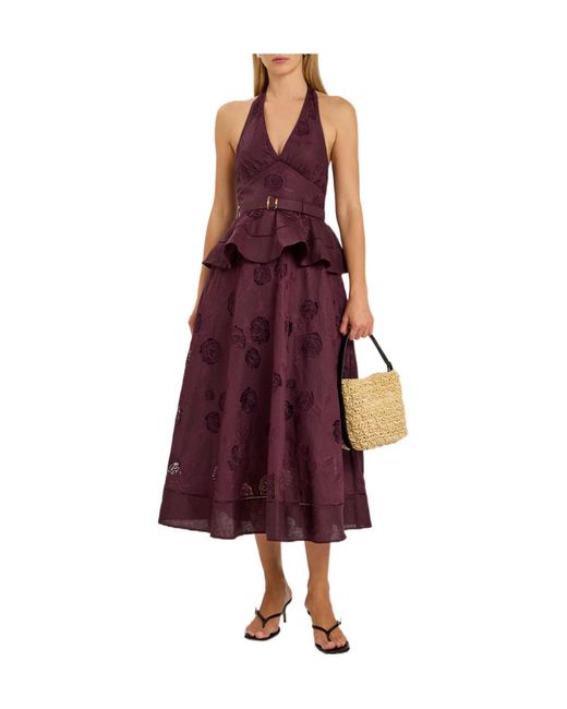 Self-Portrait Purple Floral-Embroidered Belted Linen And Cotton-Blend Midi Dress