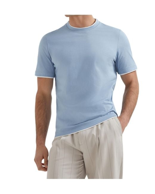 Brunello Cucinelli Blue Layered-Effect Crewneck T-Shirt for men