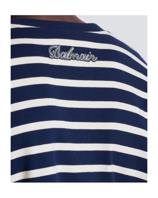 Balmain Blue Cotton College Emblem Sweatshirt With Breton Stripes for men