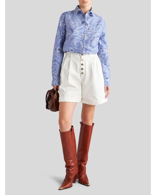 Etro White Chevron High-Waist Bermuda Shorts