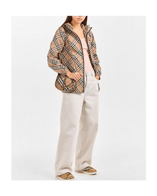 Burberry White Diagonal Check Hooded Mid-Length Coat