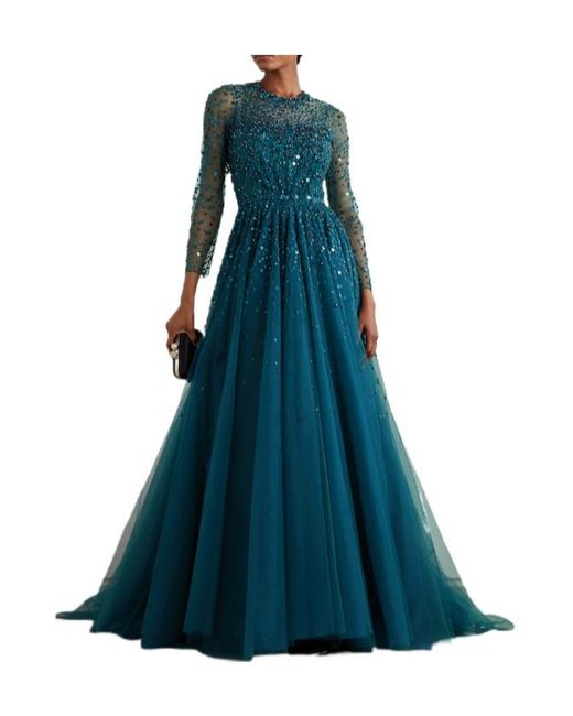 Jenny Packham Blue Embellished Sequined Tulle Gown