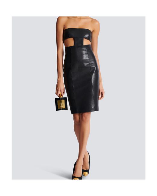 Balmain Black Strapless Lambskin Dress