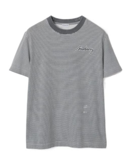 Burberry Gray Logo Printed Striped Crewneck T-Shirt for men