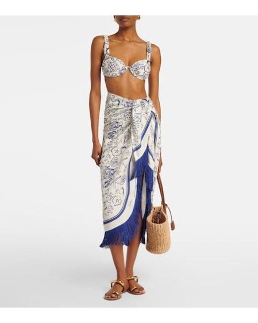 Jonathan Simkhai Blue Fringed Printed Linen-Blend Beach Cover-Up