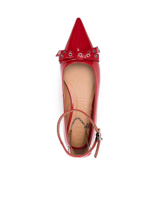 Ganni Red Bow-Detail Ankle Strapped Ballet Flats