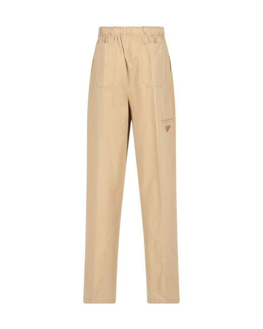 Prada Natural Triangle-Logo Plaque Wide-Leg Pants