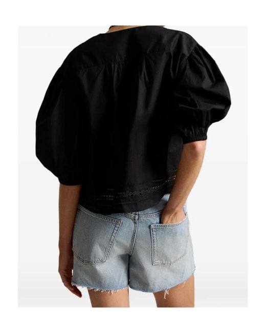 Polo Ralph Lauren Black Lace-Trim Cotton Blouson Shirt