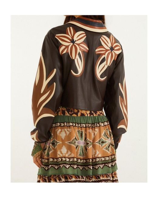 Farm Rio Brown Flower Cutwork Collared Leather Jacket