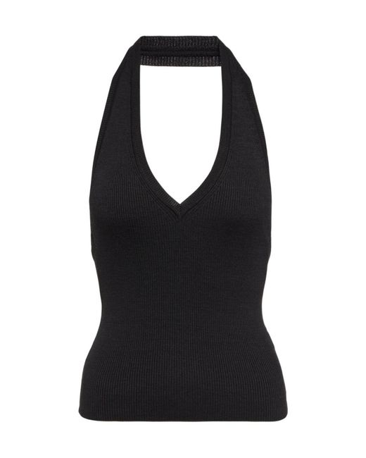 Nili Lotan Black Ivey Ribbed-Knit Halterneck Silk Top
