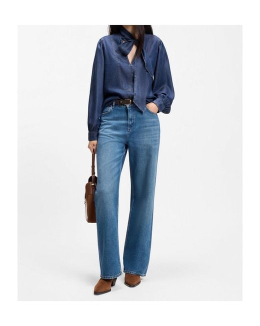 Boss Blue Denim-Look Blouse With Scarf Detail