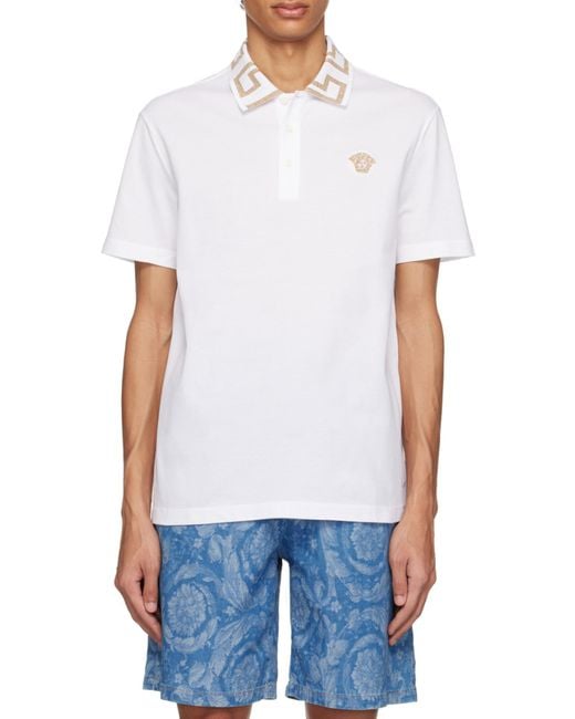Versace White Greca Short-Sleeved Straight Hem Polo Shirt for men