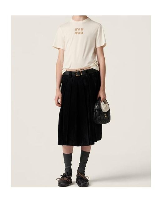 Miu Miu Logo T-Shirt With Rhinestones in Natural | Lyst