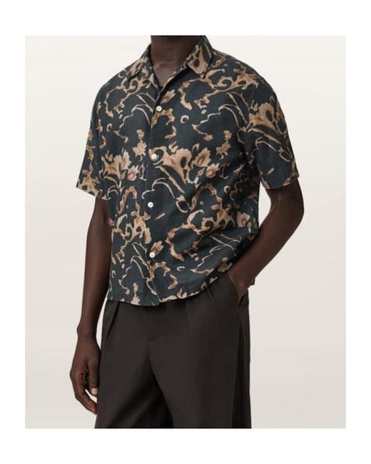 AllSaints Black Fortune Short Sleeve Linen Blend Boxy Shirt for men