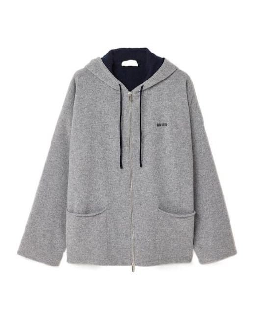 Miu Miu Gray Zip-Up Drawstring Knitted Hoodie