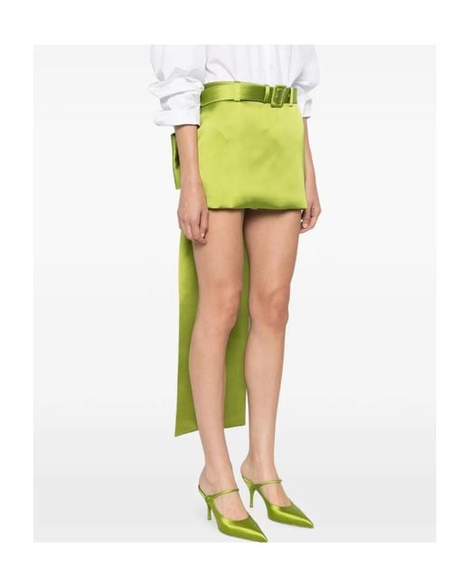 Self-Portrait Green Satin Bow-Detailed Belted Mini Skirt