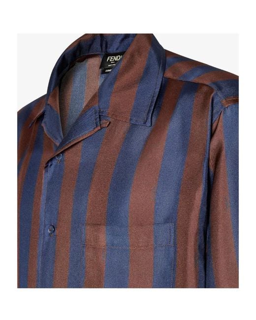 Fendi Blue Striped Collared Short-Sleeve Shirt for men