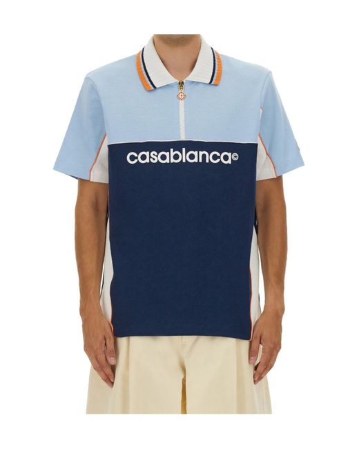 Casablanca Blue Colour-Block Zip-Neck Polo Shirt for men