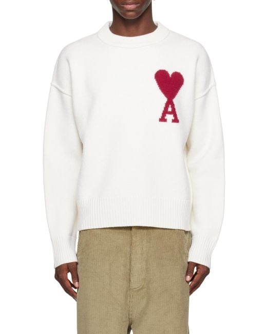 AMI White Ami De Coeur Crewneck Long-Sleeved Jumper for men