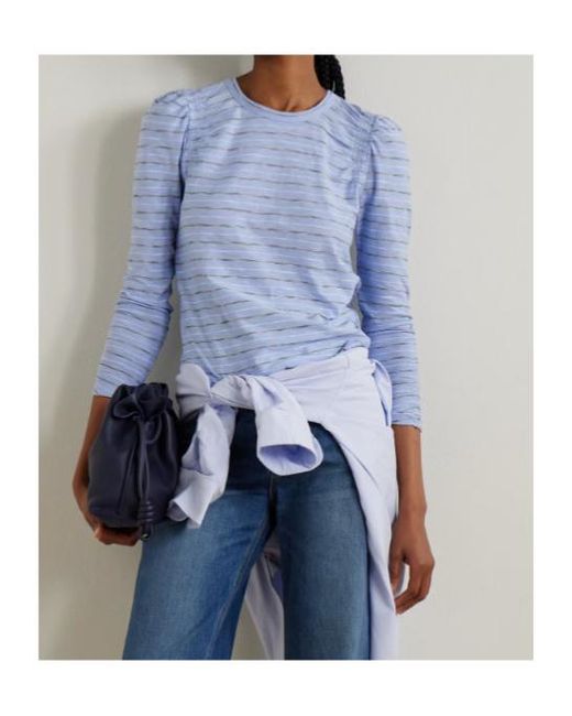 Veronica Beard Blue Bouvet Smocked Ruched Striped Pimaa Cotton T-Shirt