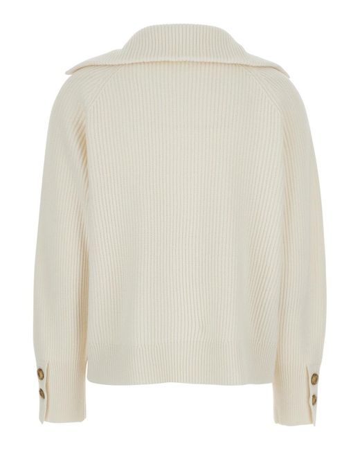 Brunello Cucinelli White Ribbed Knit Sweater With V Neck
