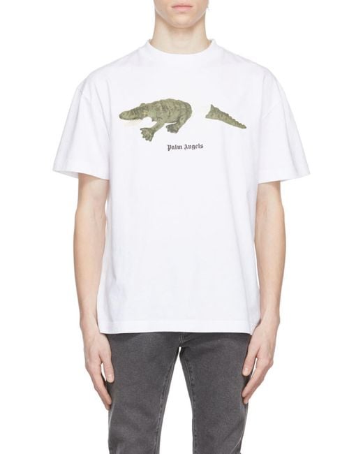 Palm Angels Gray Crocodile-Print Cotton T-Shirt for men
