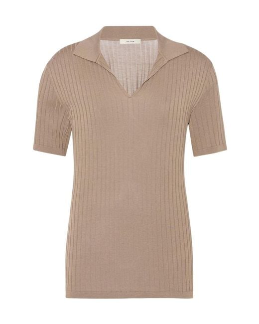 The Row Natural Kaiomi V-Neck Ribbed Polo Shirt