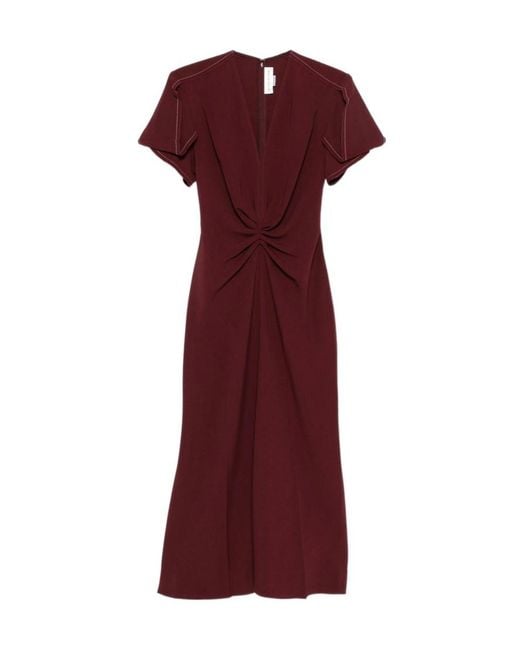 Victoria Beckham Red V-Neck Twist Detailed Midi Dress