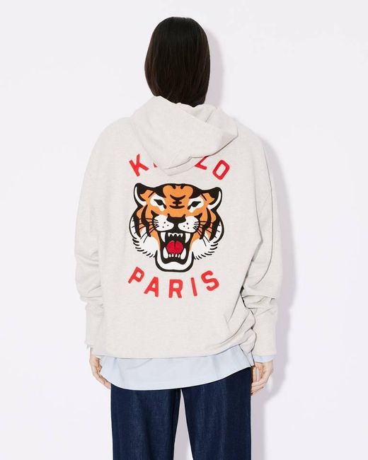 KENZO White Lucky Tiger Genderless Embroidered Oversized Hoodie for men