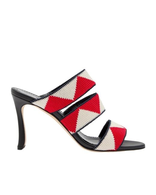 Manolo Blahnik Red Capro 90 Striped Leather Sandals